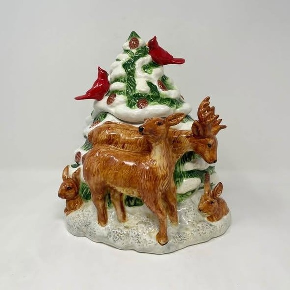 Other - Winter Scene Cookie Jar Pine Tree Snow Deer Cardinals Bunnies Christmas